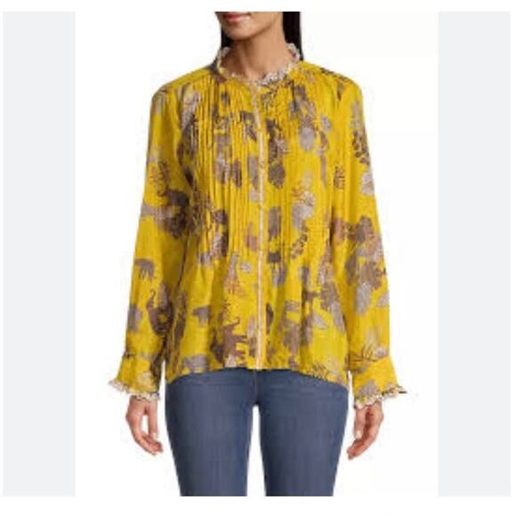 Johnny Was Top Taly Evette Silk Blouse Yellow Safari High Neck Ruffle Small - Picture 7 of 7